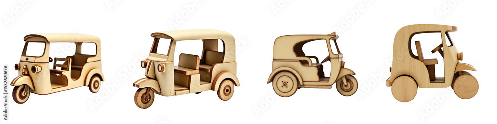 Poster wooden tuk tuk model displayed from multiple angles on transparent background realistic three-wheele