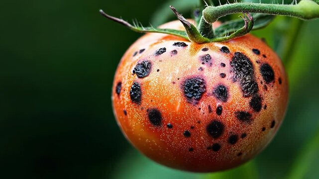 Close-up of a diseased tomato with dark spots, showing signs of blight or fungal infection.