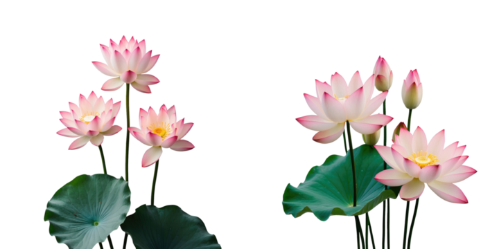 pink lotus flowers with green leaves isolated on transparent background elegant floral arrangement featuring fully bloomed and budded flowers