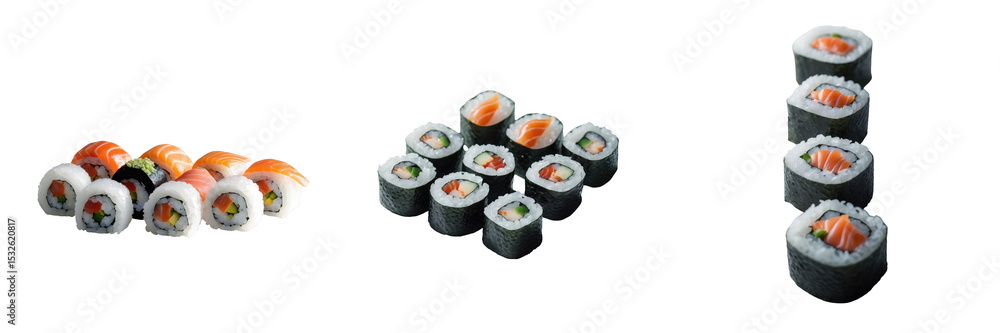 Poster traditional sushi rolls displayed in groups against a transparent background featuring various types