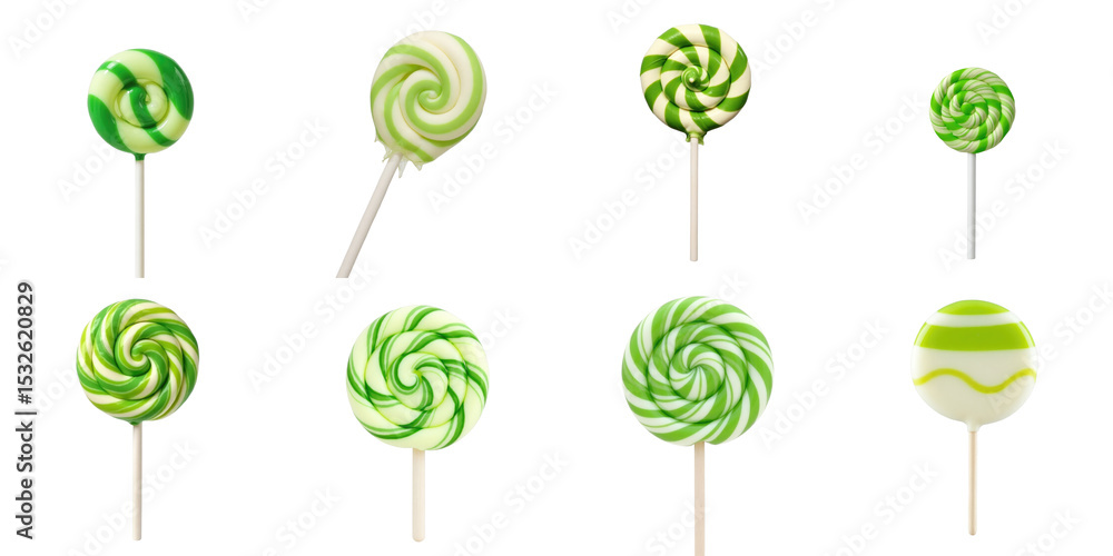 Poster collection of assorted green striped lollipops on sticks arranged in various patterns isolated on a 