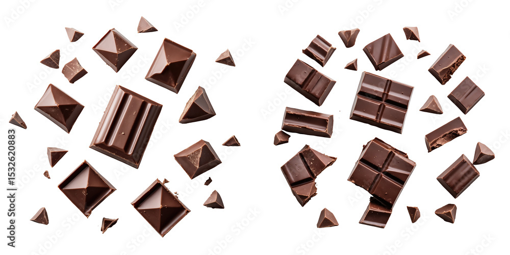 Poster assortment of chocolate chunks and pieces on isolated transparent background featuring various shape