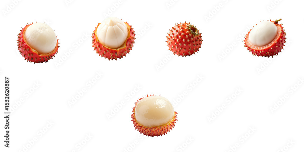 Poster lychee fruit assortment with open and closed shells isolated on transparent background showcasing te