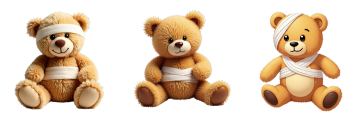 Three cute teddy bears with bandages on their heads and bodies, cartoon style, fully isolated on a transparent background for versatile use in creative projects.