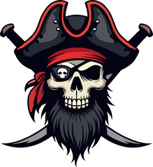 Bearded Pirate Skull with Eye Patch and Red Bandana – Vector Logo Illustration