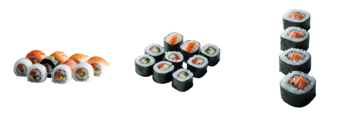 Traditional sushi rolls displayed in groups against a transparent background featuring various types including seafood and vegetable ingredients