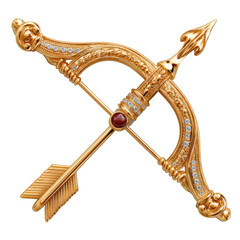 Elegant Gold Brooch with Decorative Bow and Arrow Design Featuring Gemstones and an Ornate Finish