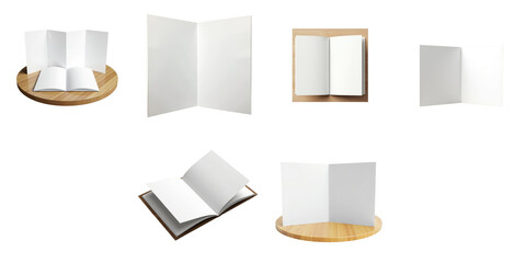 Various angles of an open square format brochure displayed on a wooden surface against a transparent background with blank pages for customizable design and layout use.