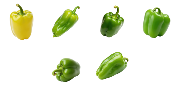 Collection of various bell peppers including yellow and multiple shades of green arranged on a transparent background, showcasing their distinct shapes and colors