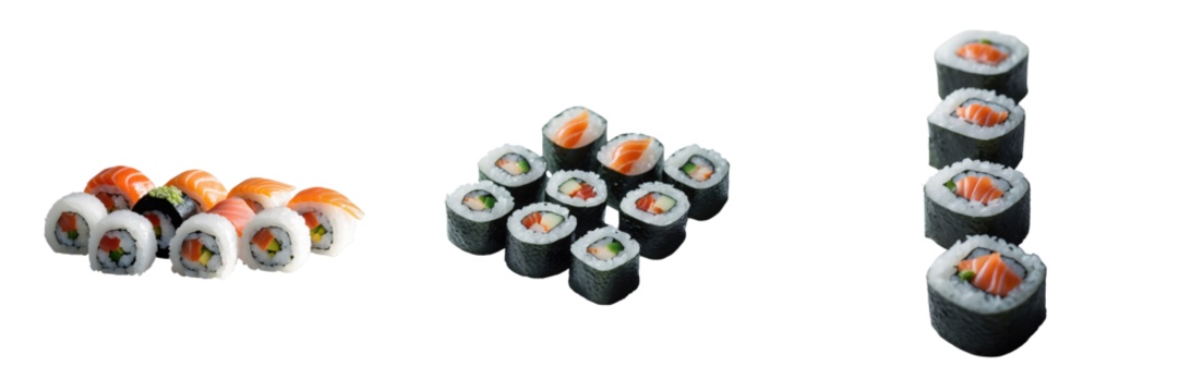Traditional sushi rolls displayed in groups against a transparent background featuring various types including seafood and vegetable ingredients - Powered by Adobe