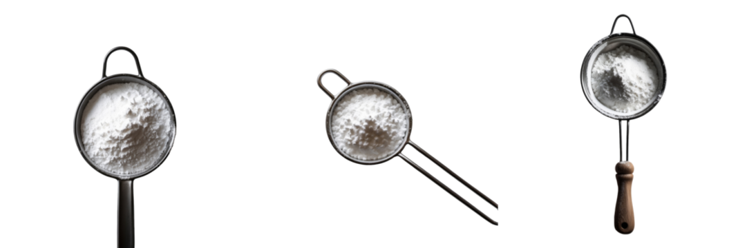 Powder sugar sieve with fine mesh and wooden handle isolated on transparent background showcasing different angles of kitchen utensil for baking and cooking purposes.