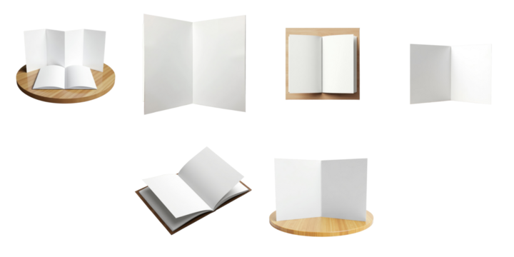 Various angles of an open square format brochure displayed on a wooden surface against a transparent background with blank pages for customizable design and layout use.