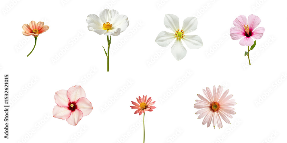 Poster assorted flowers including pink and white varieties isolated on a transparent background with transp