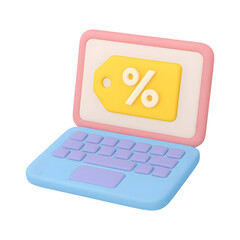 3d cartoon laptop with discount tag isolated on transparent background