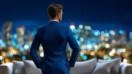 Businessman in blue suit stands with hands on hips looking at sparkling city skyline covered in bright lights. Evening urban setting with blurred city lights