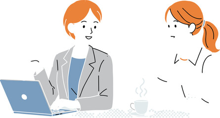 Two businesswomen having conversation, coffee meeting, laptop discussion, modern workplace concept, illustration style, professional communication, 