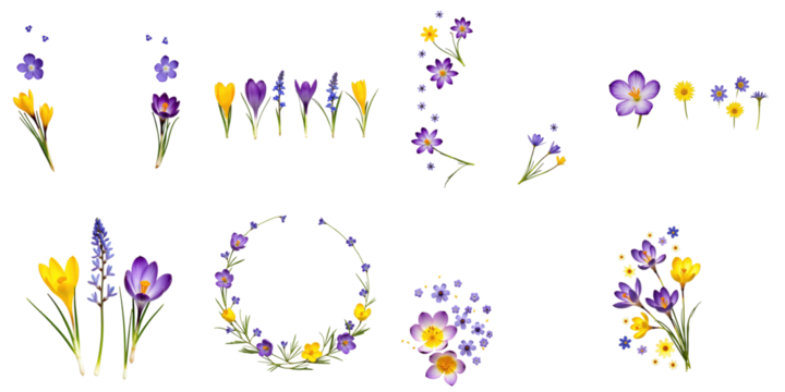 Assorted violet and yellow crocuses alongside blue hepatica flowers arranged in creative layouts on transparent background ideal for design projects with ample space for text insertion