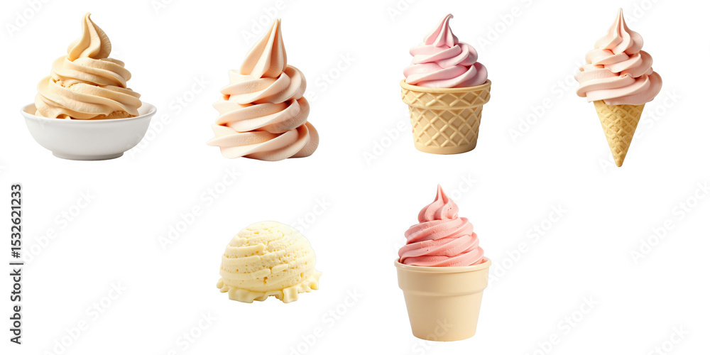 Poster assortment of ice cream cones and cups featuring soft serve and scoop varieties against a transparen