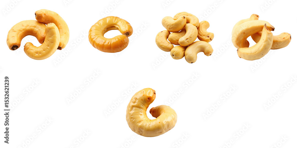 Poster roasted cashew nuts displayed in different arrangements on a transparent background showcasing their