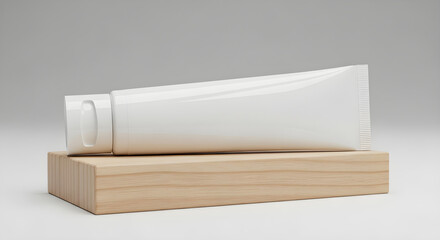 Blank White Tube on Wooden Stand for Skincare Mockup