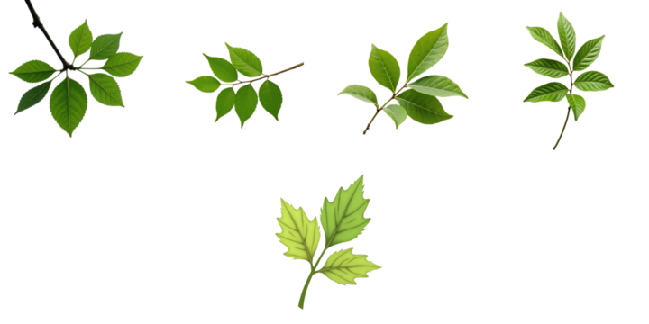 Collection of green foliage varieties arranged on a transparent background featuring detailed textures and shapes of individual leaves and branches. - Powered by Adobe