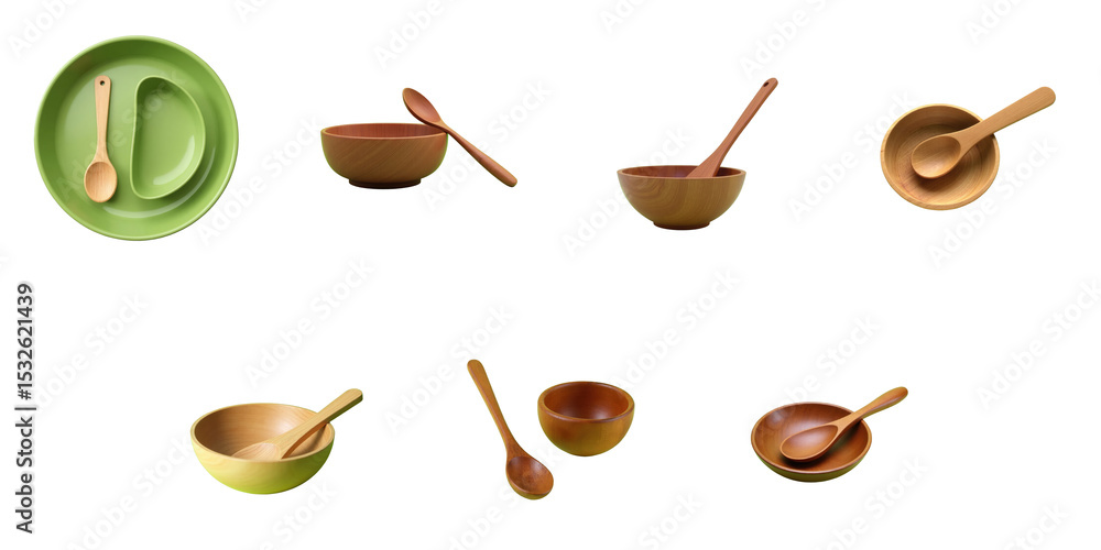 Poster assorted wooden bowls and spoons arranged on a transparent background showcasing various shapes and 