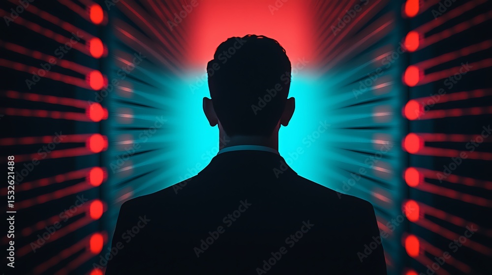 Poster a silhouette of a man facing a glowing, futuristic corridor with red and blue lights, creating a mys
