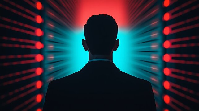 A silhouette of a man facing a glowing, futuristic corridor with red and blue lights, creating a mysterious and high-tech atmosphere. - Powered by Adobe