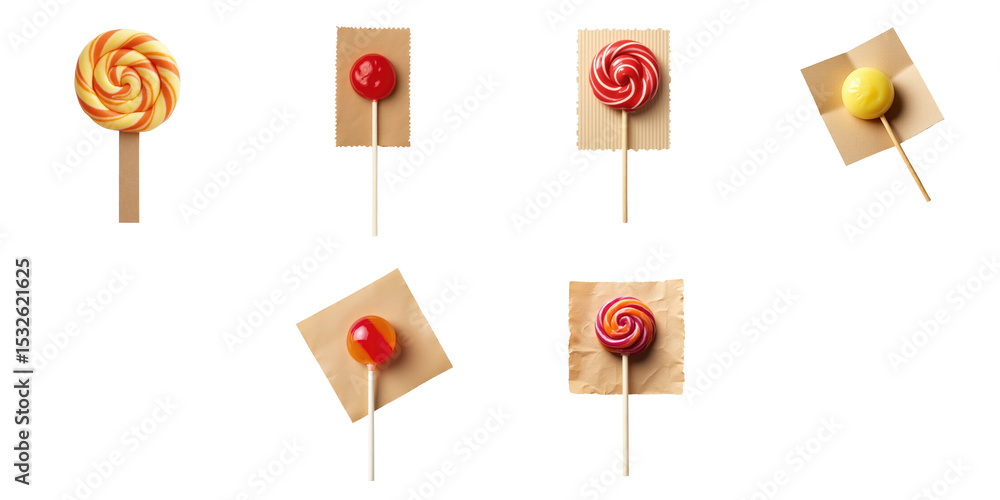Poster assorted lollipops in various colors and designs displayed on brown paper backgrounds with isolated 