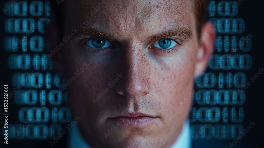 Poster a close-up of a man's intense blue-eyed face with binary code projected around him, symbolizing cybe