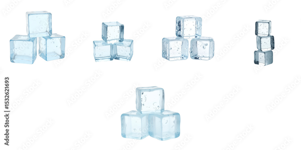 Poster collection of clear ice cubes with water droplets in various arrangements isolated on a transparent 