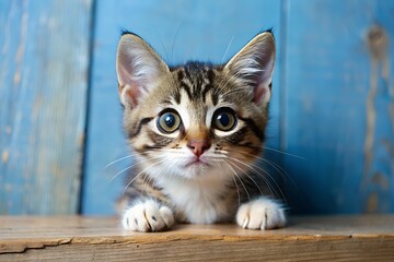 Adorable tabby kitten on wooden surface blue background