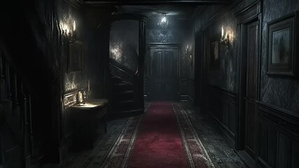 Eerie Ambiance: A Gothic Interior of a Mansion's Long, Shadowed Hallway - Powered by Adobe