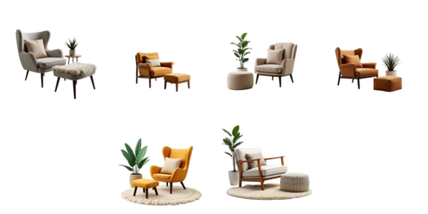 Collection of stylish armchairs and ottomans with pillows, houseplants, and rugs isolated on a transparent background for modern interior design presentations