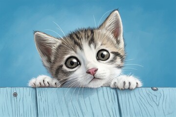 Adorable kitten peeking over a blue fence