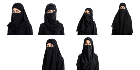 Various women in niqab and hijab captured on transparent background displaying diverse poses and expressions while dressed in all-transparent attire.
