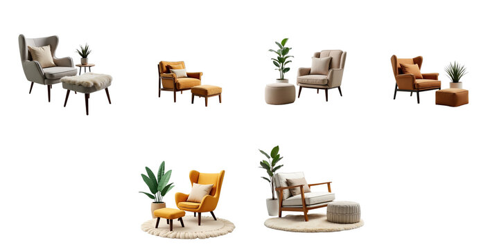 Collection of stylish armchairs and ottomans with pillows, houseplants, and rugs isolated on a transparent background for modern interior design presentations