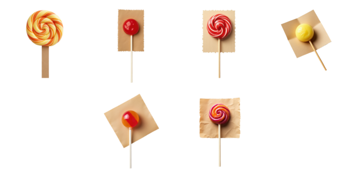 Assorted lollipops in various colors and designs displayed on brown paper backgrounds with isolated transparent backdrop for emphasis on candy shapes and colors.