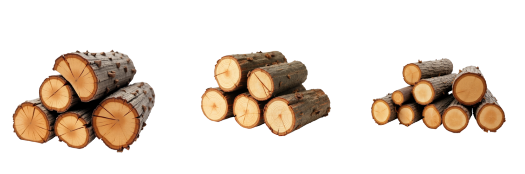 Pine and oak firewood logs stacked on transparent background showcasing split wood for winter heating featuring cross-sections of tree trunks ready for burning