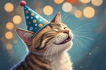 Happy cat wearing a party hat with bokeh background