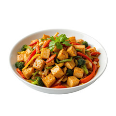 Delicious tofu stir fry with vibrant vegetables like broccoli and bell peppers, offering colorful and healthy meal option