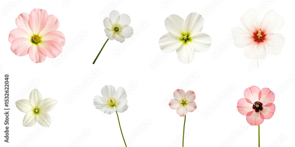 Poster set of eight isolated eustoma flowers in various colors including pink and white displayed on a tran