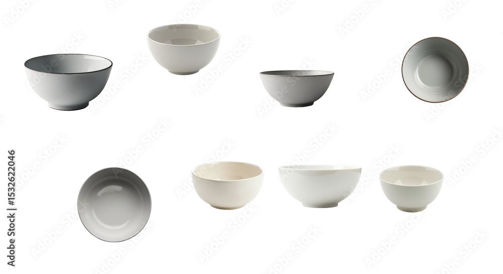 Poster various empty ceramic bowls arranged in different orientations isolated on a transparent background 