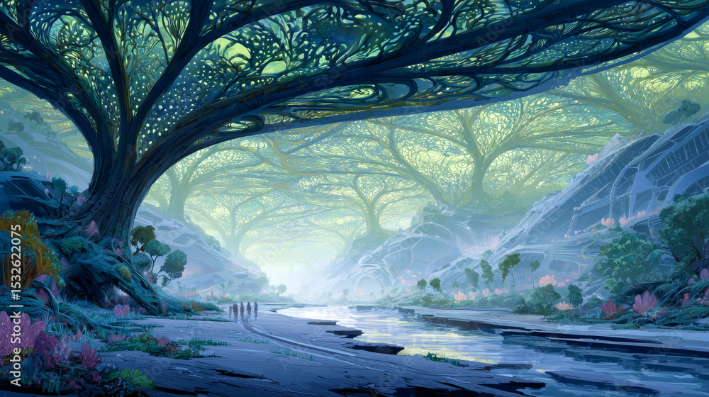 Aufkleber A bioengineer walks through a stunning landscape filled with artificial biotissues and unusual flora. Bright colors and intricate structures create a mesmerizing environment in this unique setting.