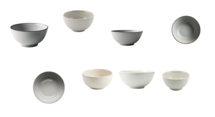 various empty ceramic bowls arranged in different orientations isolated on a transparent background showcasing diverse shapes and sizes