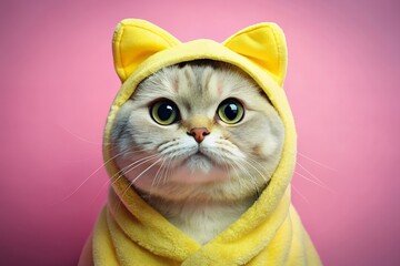 Cute cat wearing yellow hoodie on pink background