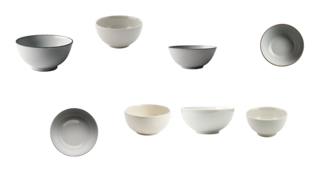 various empty ceramic bowls arranged in different orientations isolated on a transparent background showcasing diverse shapes and sizes