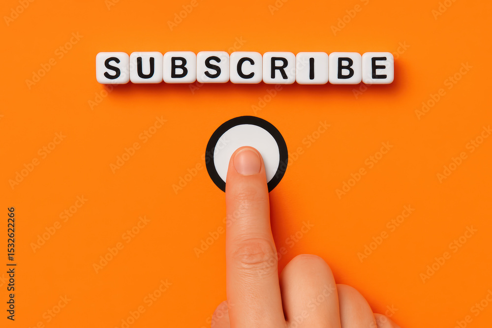 Poster engaging with a subscription concept a human presses a button symbolizing connection and digital int