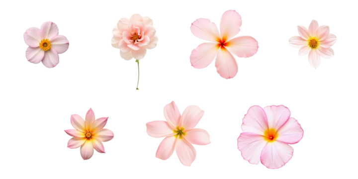 Various pastel flowers isolated on a transparent background arranged in a circular pattern including petal shapes and sizes with delicate colors and textures