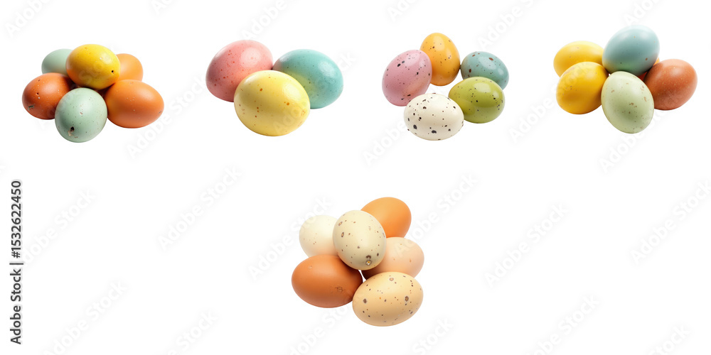 Poster colorful dyed quail eggs arranged in clusters isolated on transparent background showcasing various 